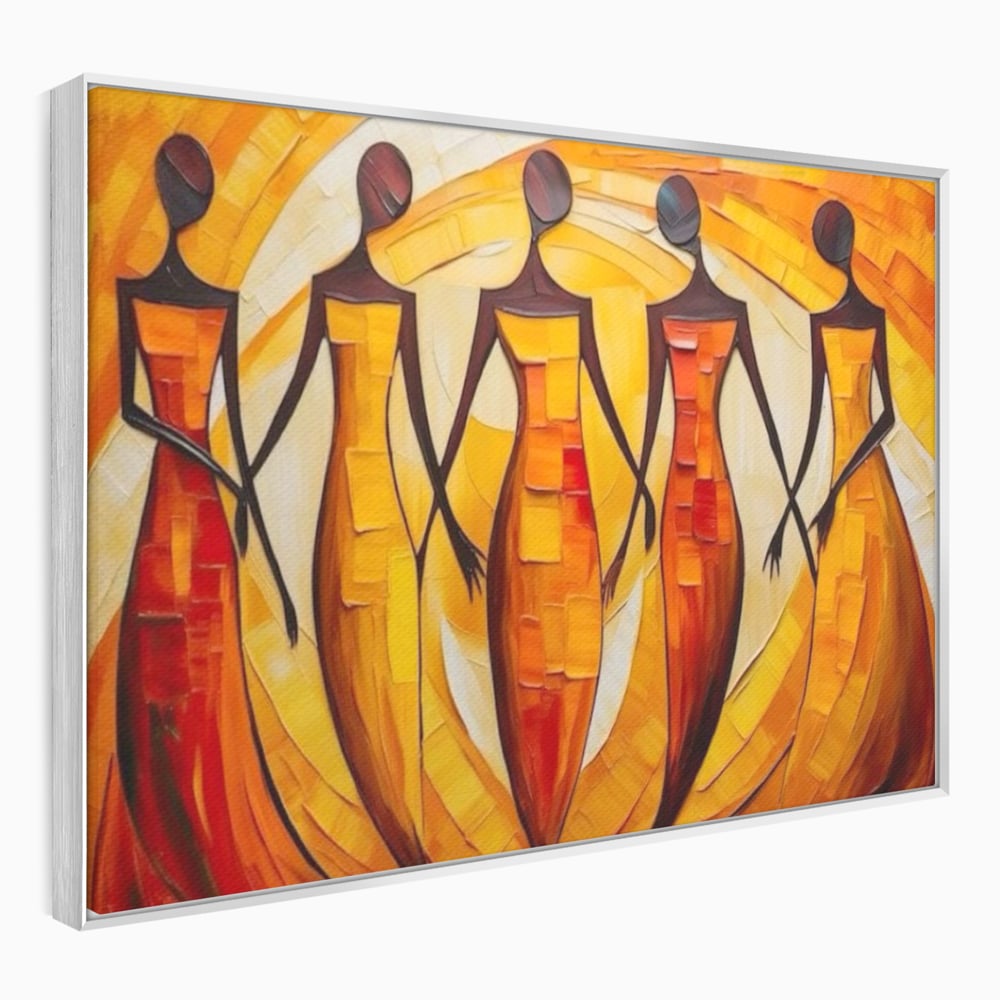 Tablou canvas cu pictura abstracta cu cinci femei stilizate, in rama de aluminiu argintiu